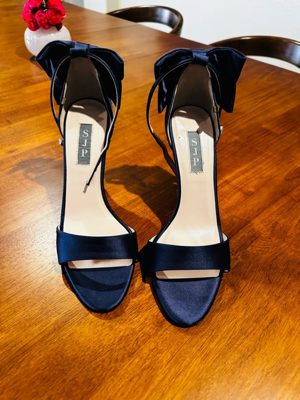 SJP Sarah Jessica Parker Trance Navy Satin Strappy Heels $395 Size 9 NEW!!